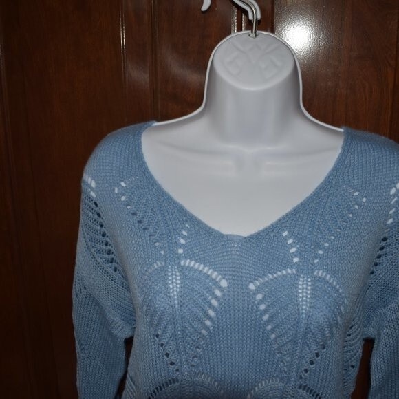 Women’s Light Blue Open Knit Sweater Size Small V Neck Lightweight Sheer - Picture 11 of 12